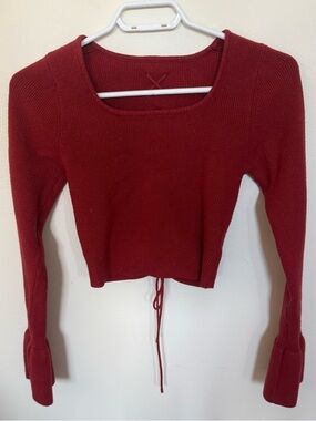 Red Knit Lace-Up Back Crop Sweater | Long Sleeve Fitted Top